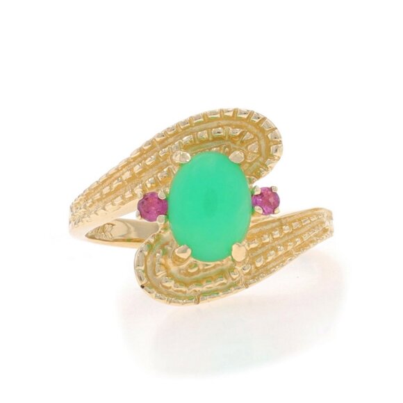 Yellow Gold Chrysoprase & Ruby Bypass Ring - 14k Oval Cabochon 1.15ctw Milgrain - Picture 1 of 6